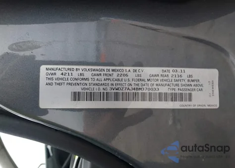 2011 Volkswagen Jetta 2.5L Se z USA, uszkodzony, nr VIN 3VWDZ7AJ4BM370033